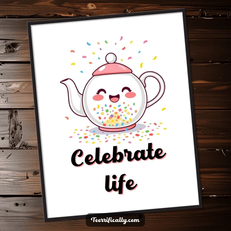 Funny digital art print of a happy teapot joyfully pouring colorful confetti instead of tea, a vibrant and humorous wall decoration.