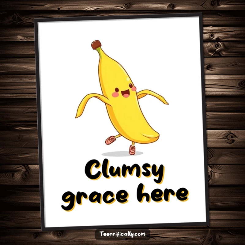 Funny banana peel pirouette digital art print, instant download of a cheerful banana peel in shoes attempting ballet.