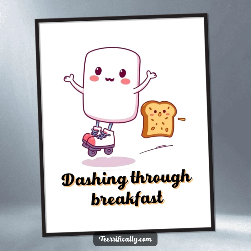 Funny digital art of a marshmallow wearing roller skates, zipping past a surprised toast, a whimsical and energetic printable wall decor.
