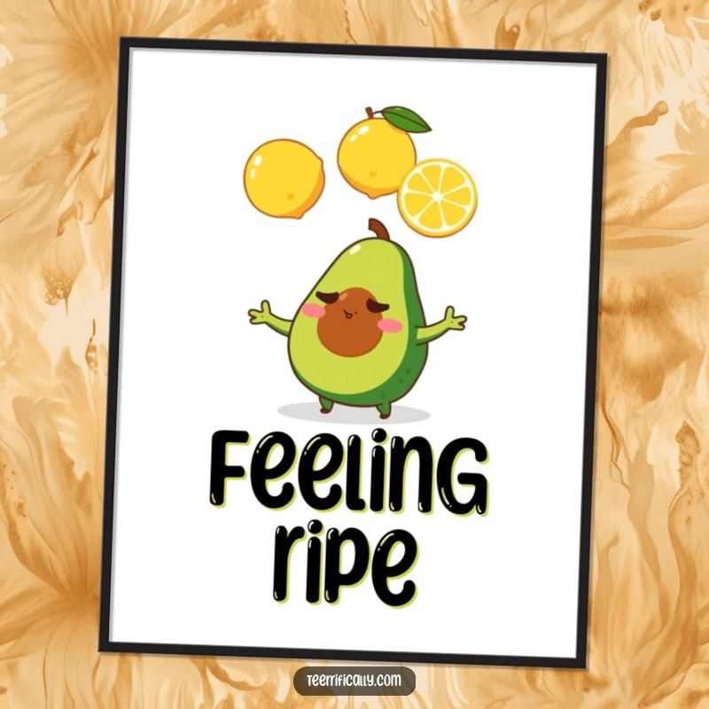 A determined tiny avocado juggling three lemons, offered as a downloadable digital art print for motivational display.