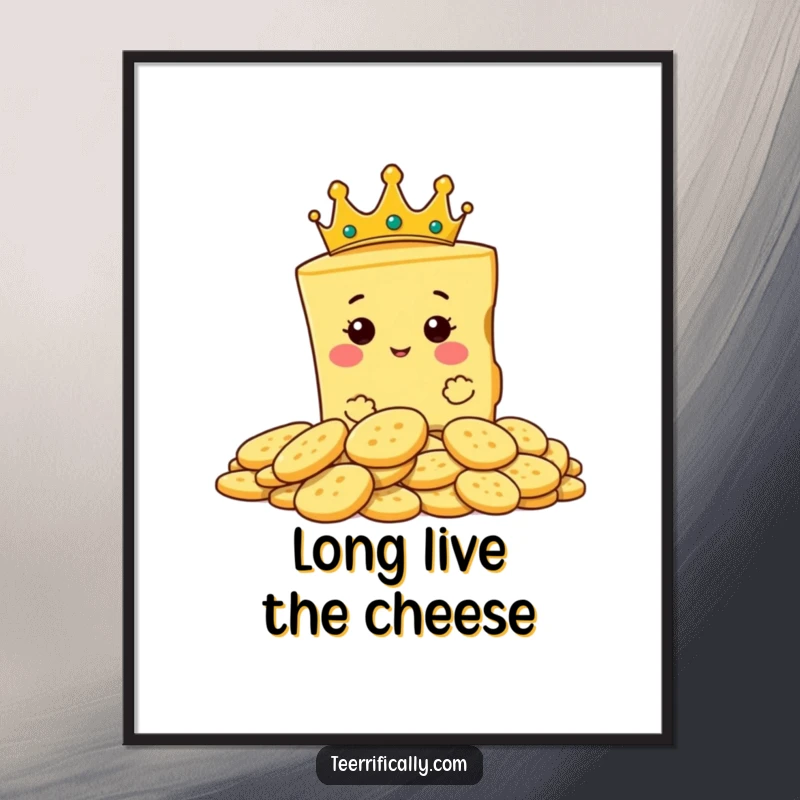 Funny digital art print of a proud slice of cheese wearing a tiny crown, regally surveying crackers.
