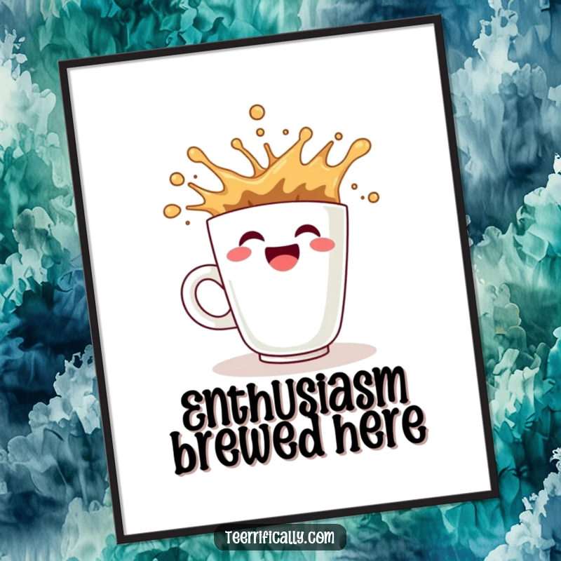 Funny coffee art print showing a smiling cup splashing enthusiastically, radiating morning energy and joy.