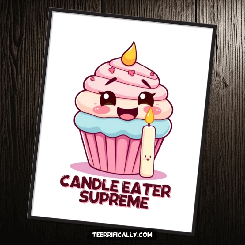 Funny digital art print of a giggling cupcake attempting to eat its own candle, perfect for instant, humorous birthday decor.