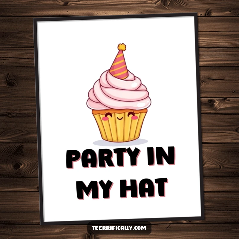 Funny Digital Art Print of a proud cupcake character with a party hat and abundant frosting, perfect for festive decor.
