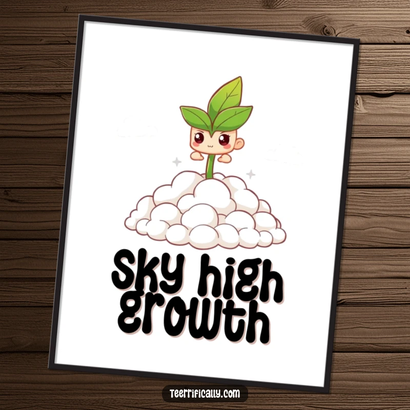 Funny digital art print of a determined sprout triumphantly pushing through a pile of fluffy clouds.