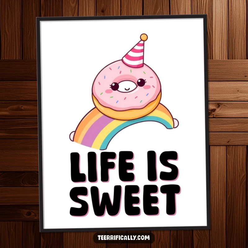 A plump, party-hatted donut slides down a vibrant rainbow, offered as a downloadable digital art print for sweet displays.