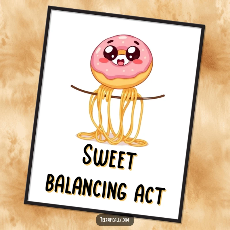 Funny wobbly jelly donut with wide eyes, balancing on spaghetti, as a digital art print, offering humorous dessert absurdity and quirky fun.