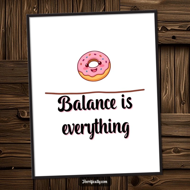 Funny donut digital art print showcasing a cheerful donut performing a daring tightrope walk, offering instant whimsical decor with a delightful, sugary twist.