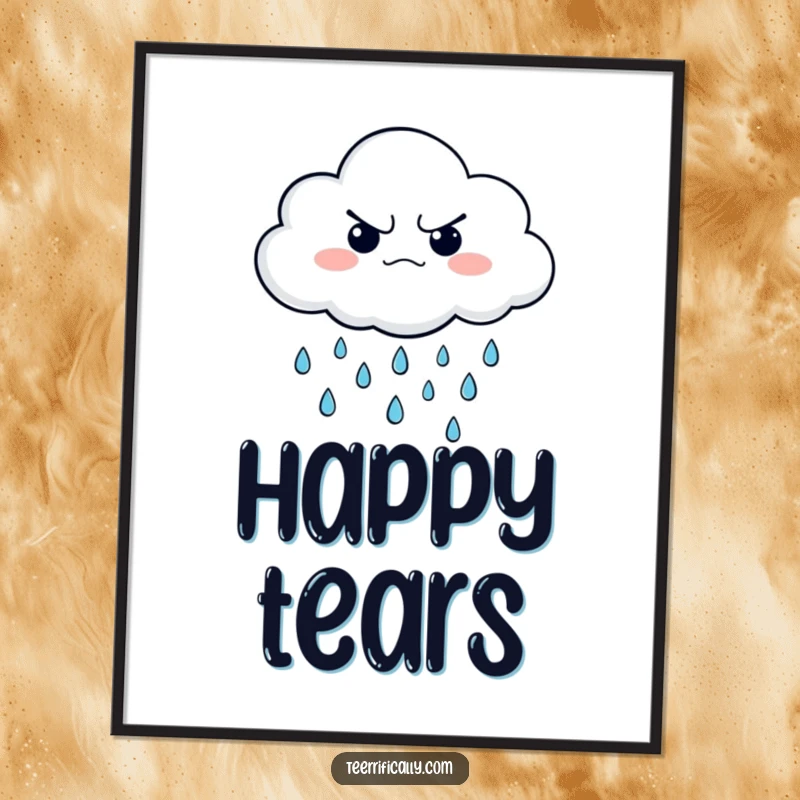 Funny digital art print of a grumpy cloud character raining cheerful little raindrops, bringing humor and contrast.