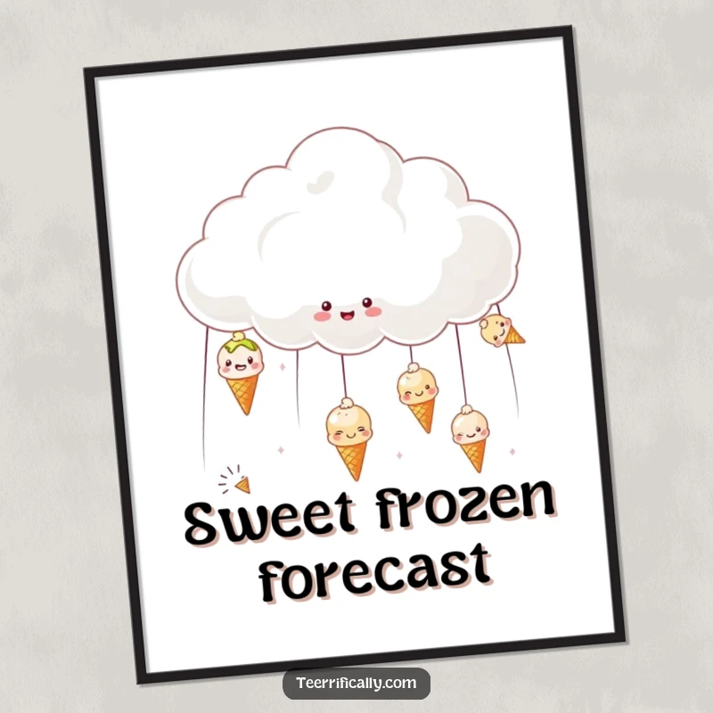Funny digital art of a happy cloud raining tiny ice creams, perfect for instant cheerful decor.