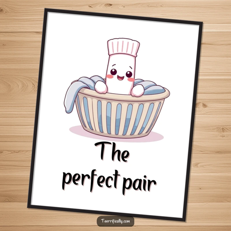 Funny Digital Art Print of a very pleased sock discovering its long-lost mate in a laundry basket, symbolizing joy and perfect pairings.