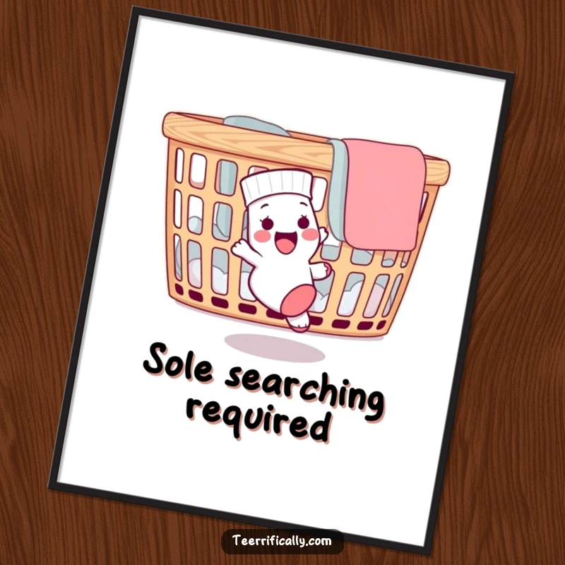 Funny digital art print of a delighted sock chasing its mate around a laundry basket, perfect for humorous wall decor.