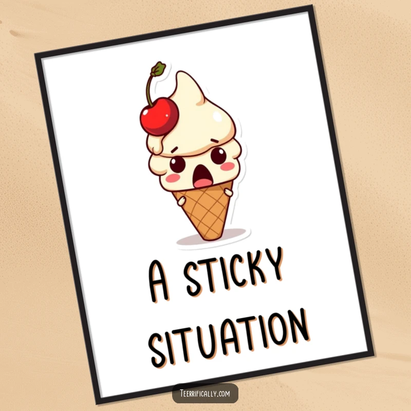 Funny ice cream digital art: Surprised ice cream cone character with a melting cherry on its head, a downloadable funny gift.