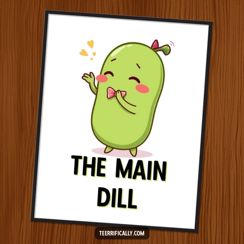 Funny digital art print of a sentient pickle in a grand, theatrical bow, ready to bring comedic cheer.