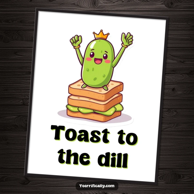 Funny pickle toast hero digital art print showing a triumphant pickle heroically posing on toast, offering instant bold decor with a side of breakfast humor.