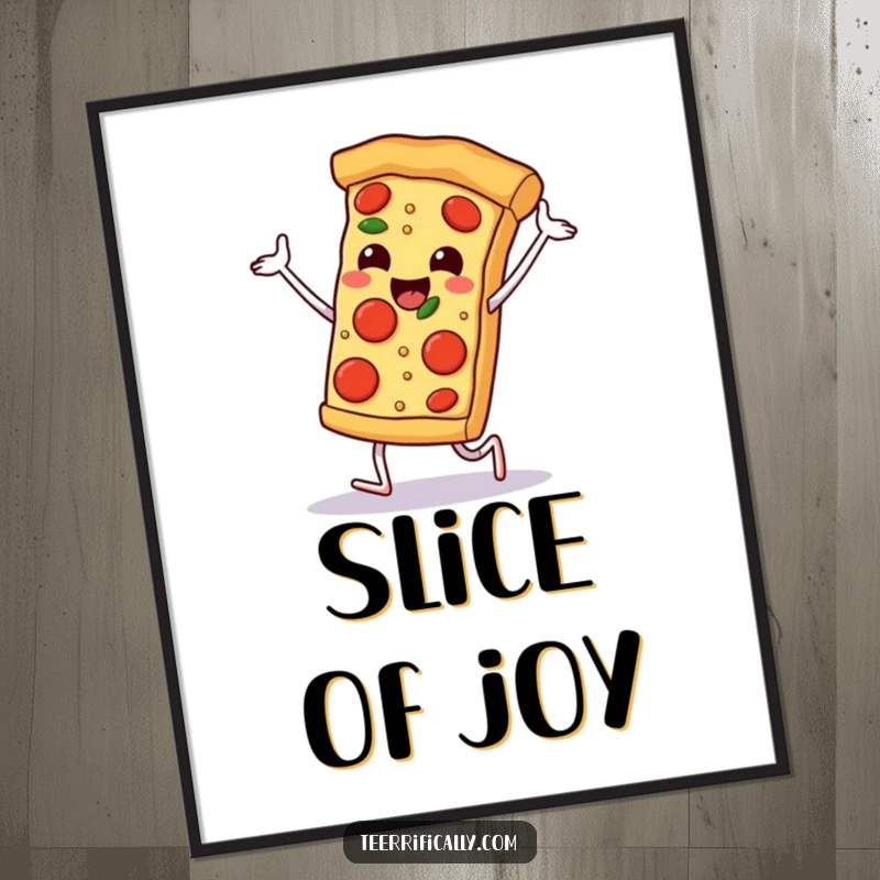 Funny happy pizza slice dancing joyfully with pepperoni feet, high-resolution digital art print, humorous wall decor, cheesy celebration.