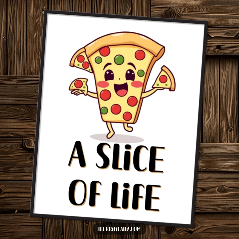 Funny pizza digital art: Happy pizza character juggling three runaway pepperoni slices, a downloadable funny gift.