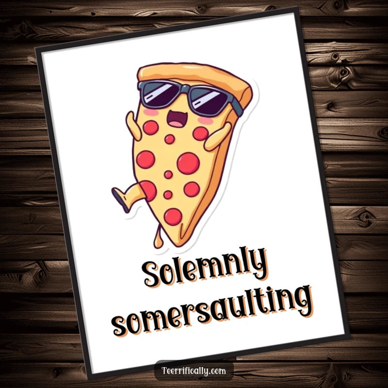 Funny pizza slice wearing sunglasses doing a somersault, digital art print for a funny gift.