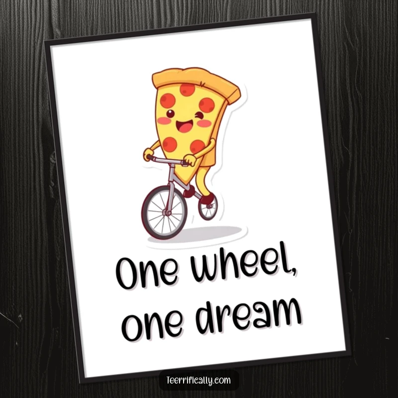 Funny pizza slice digital art print, joyfully attempting a unicycle ride, conveying boundless energy and humor. Instant wall decor.