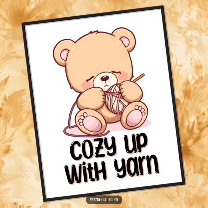 Funny sleepy teddy bear digital art print showing a drowsy bear attempting to knit, offering instant cozy decor with a blend of humor and charm.