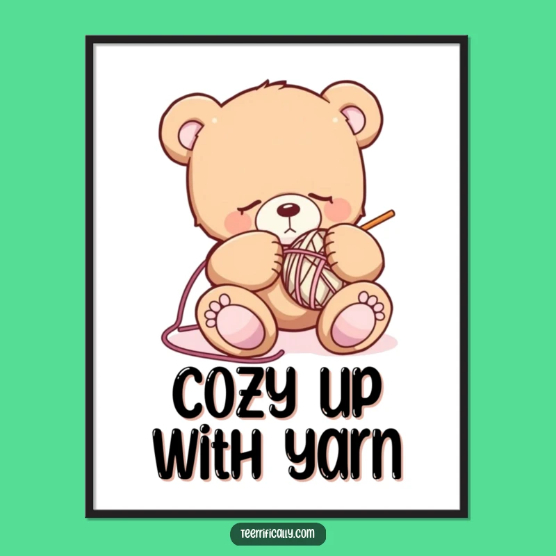 Funny Sleepy Bear Knitting Digital Art: Instant Cozy Decor for Your Walls