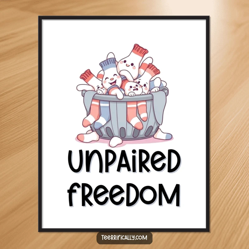 Funny digital art print of a giggling pile of socks hilariously attempting to escape a laundry basket, a whimsical and humorous wall decoration.