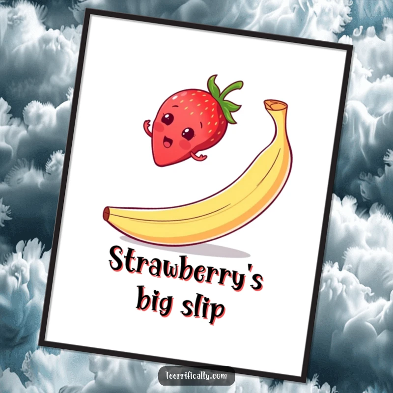 Funny strawberry balance digital art print, on a banana peel with a surprised grin, ideal for printable wall art.