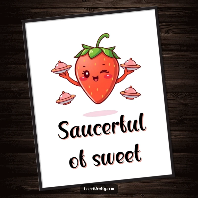 Funny winking strawberry juggling small flying saucers as a downloadable digital art print, ideal for humorous cosmic decor.