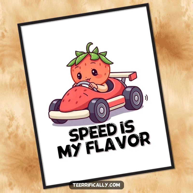 Funny digital art print of a determined strawberry driving a tiny race car made of a berry, perfect for instant humorous wall decor.