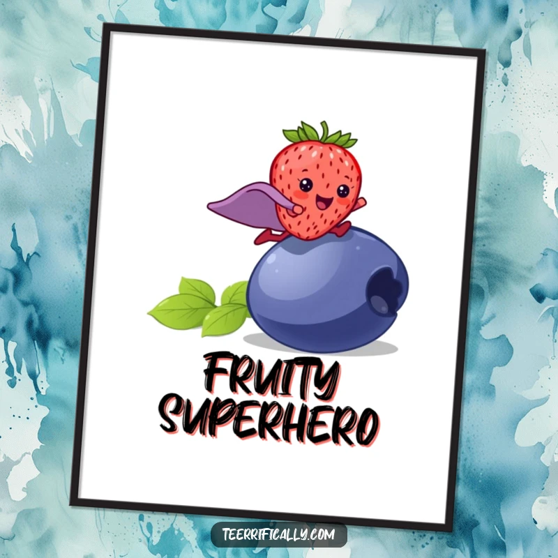 Funny strawberry superhero digital art print, a happy strawberry with a cape leaping over a blueberry, instant download, humorous illustration.