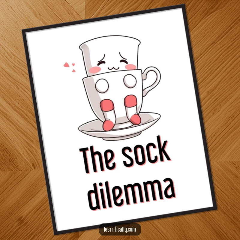 Funny digital art print of a confused teacup wearing socks, hilariously attempting to float, bringing absurd humor to any space.