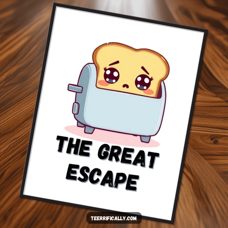 Funny digital art print of a startled slice of toast jumping out of a toaster, bringing lively breakfast humor to any space.
