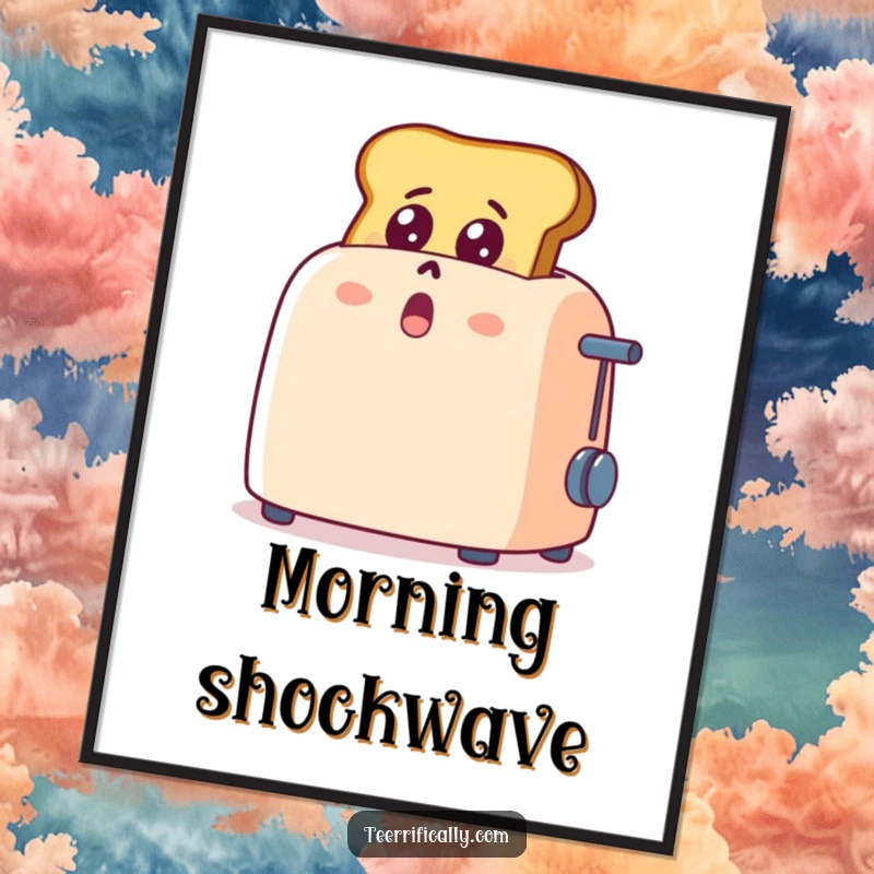 Funny cartoon toast popping out of a toaster, eyes wide with shock and delight, high-resolution digital art print, humorous wall decor.