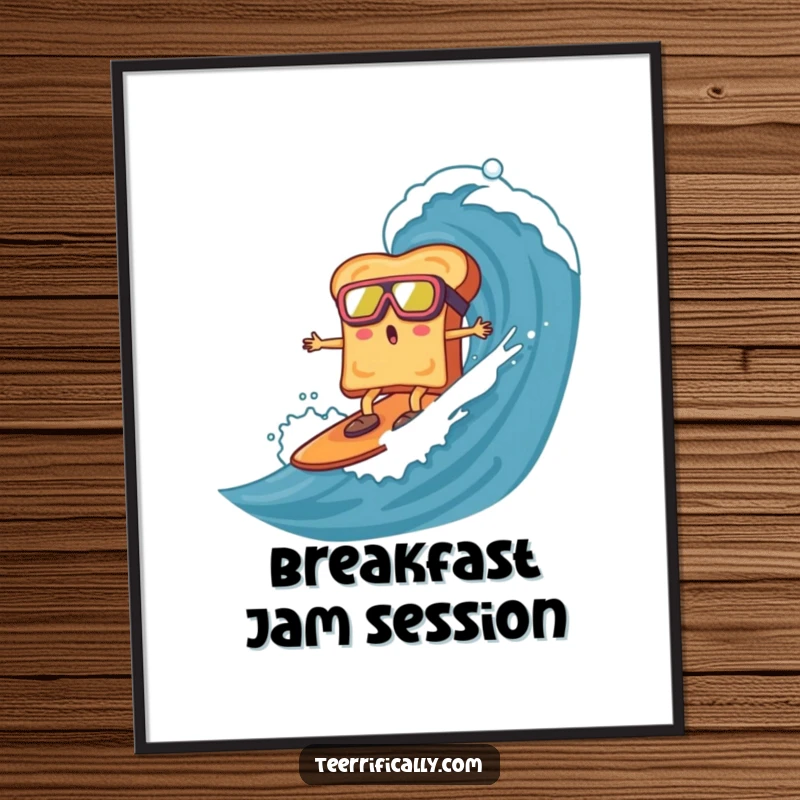Funny toast with goggles, surfing a marmalade wave, as a digital art print, offering humorous breakfast adventure and vibrant fun.