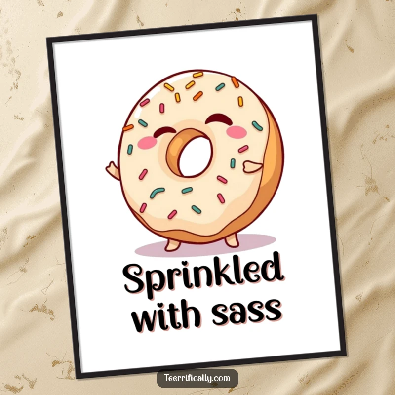 Funny Digital Art Print of a winking donut with sprinkles doing a playful shimmy, radiating sweet and humorous energy.
