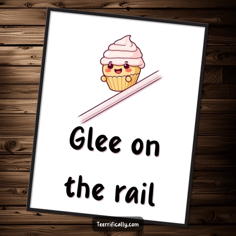 Funny cupcake banister digital art print, instant download of a small cupcake with eyebrows sliding down a banister.