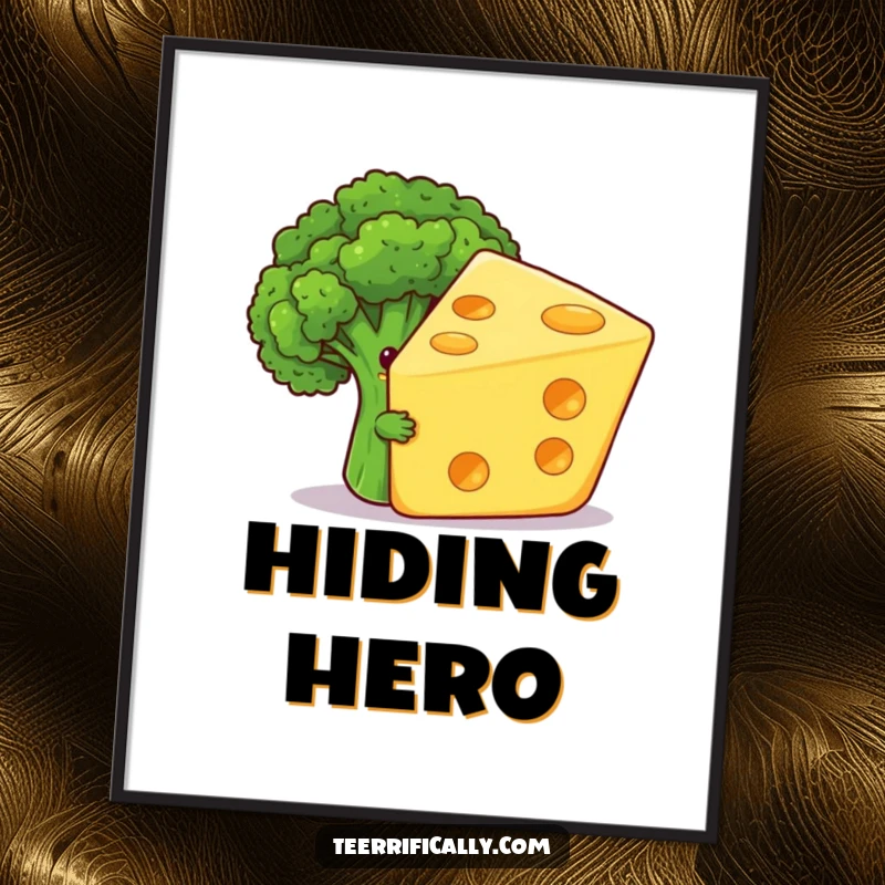 Funny digital art print of a shy broccoli floret humorously hiding behind a giant, grinning cheese slice, a whimsical and humorous wall decoration.