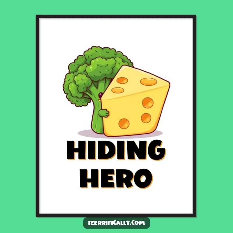 Funny Veggie Digital Art: Shy Broccoli Cheese Print, Perfect Humorous Gift