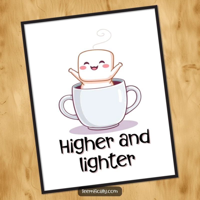Funny digital art print of a fluffy marshmallow leaping joyfully from a mug, ready to spread cheer.