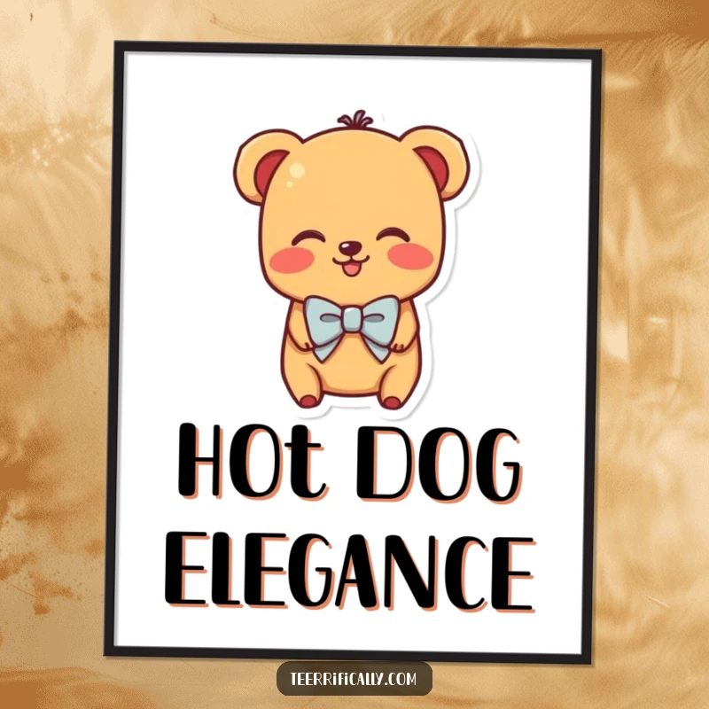Funny digital art print of a shy hot dog character wearing a tiny bowtie and blushing brightly, undeniably cute.