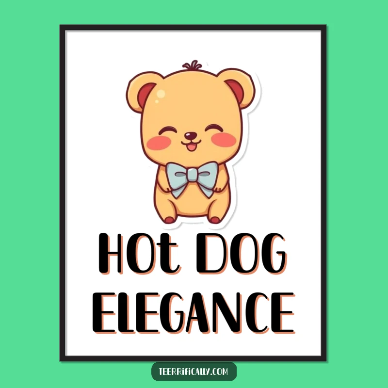 Funny Shy Hot Dog Digital Art Print - Adorable Character with Bowtie Blushing, Instant Download