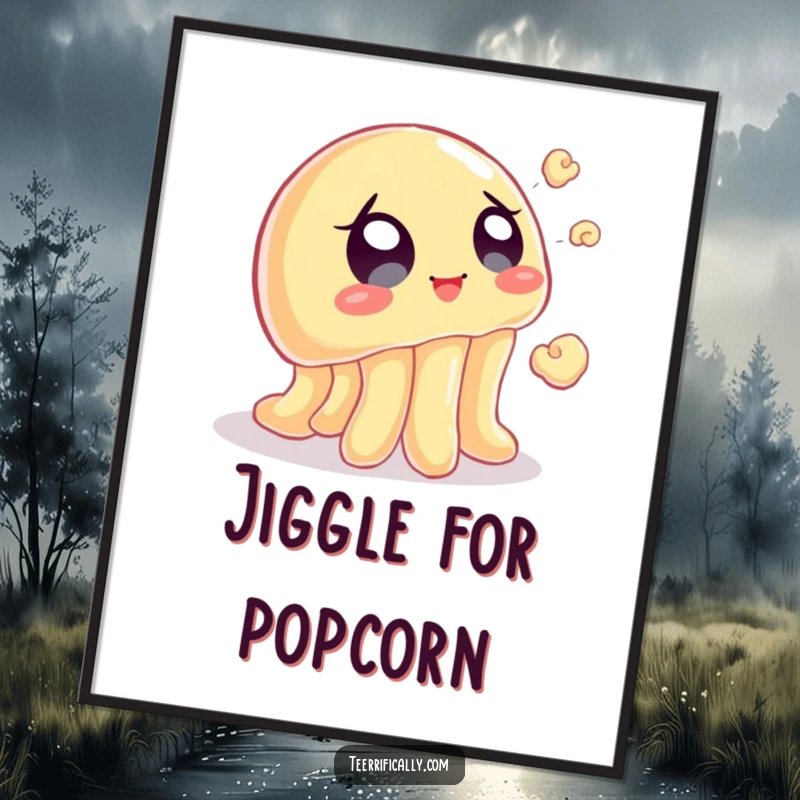 Funny digital art print of a wobbly jelly with eager eyes trying to catch a flying popcorn kernel, great for humorous decor.