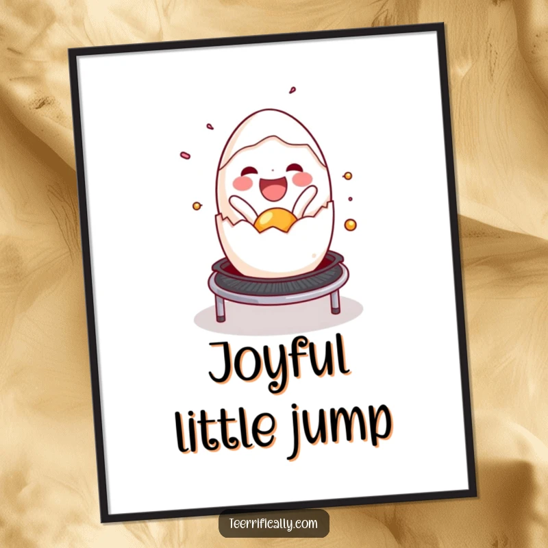 Funny cracked egg digital art print, joyfully spilling onto a trampoline, radiating pure happiness and breakfast-themed fun. Instant decor.
