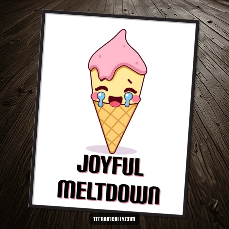 Funny melting ice cream cone shedding a single large tear of joy, high-resolution digital art print, humorous wall decor, sweet celebration.