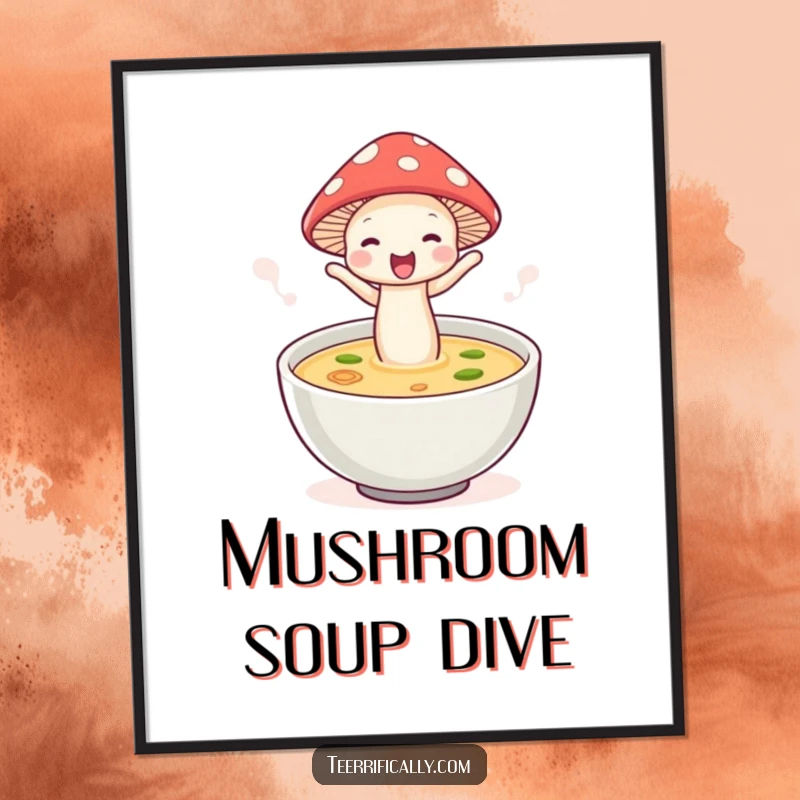 Funny mushroom soup digital art print, wearing a hat, joyfully jumping into soup, ideal for printable wall art.