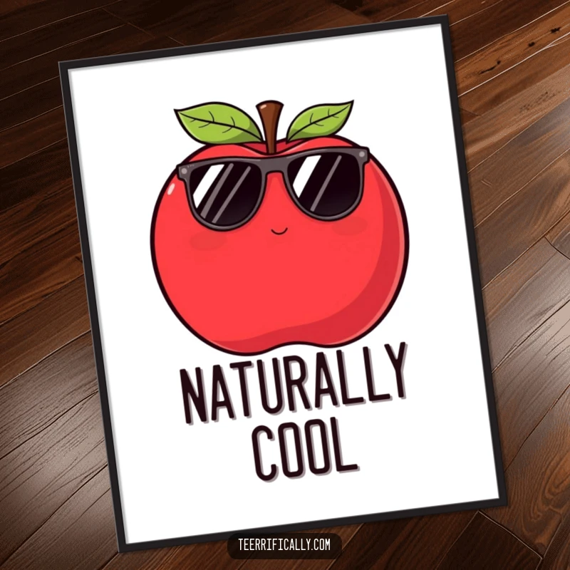 Funny apple art print showing a plump red apple in sunglasses winking slyly, radiating cool confidence and humor.