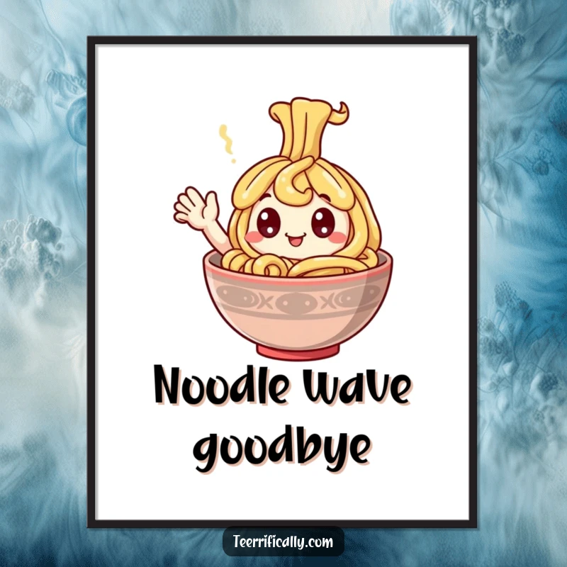 Funny Digital Art Print of a happy noodle with googly eyes waving from a steaming bowl, radiating pure joy.