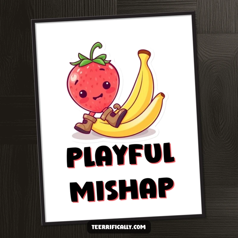 Funny strawberry wearing tiny boots, slipping on a banana peel, available as digital art.