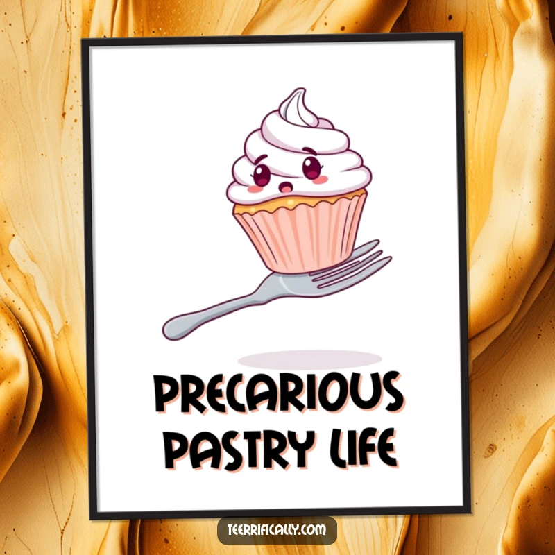 Funny digital art print of a shocked cupcake balancing on a giant fork, perfect for instant humorous wall art.