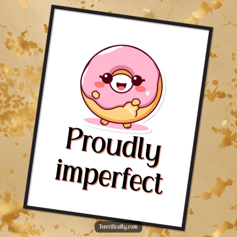 Funny proud donut digital art print, a giggling donut with a bite taken out, looking happy and proud, ideal for instant humorous decor.